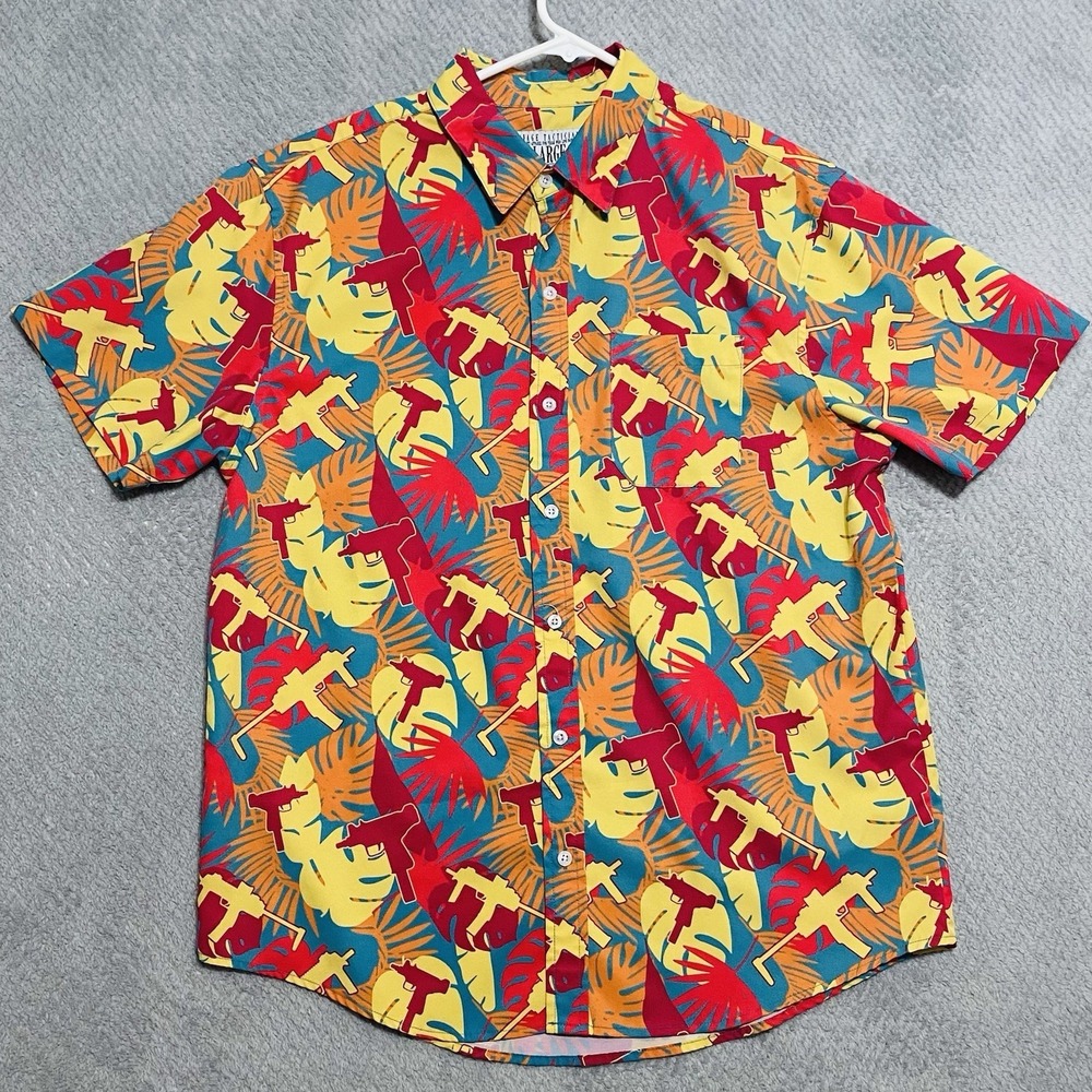 Savage Tacticians Men's Shirt Sz L Hawaiian Tropical Army Spray & Pray Button Up
